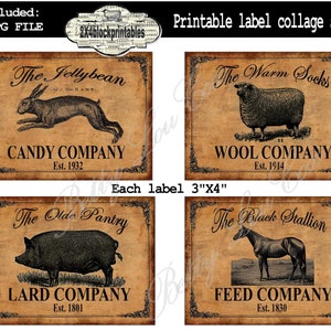 Labels Printable , Primitive Download , Horse Sheep Bunny Pig for pantry jars cans crocks bottles tins boxes , iron on transfer farmhouse