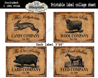 Labels Printable , Primitive Download , Horse Sheep Bunny Pig for pantry jars cans crocks bottles tins boxes , iron on transfer farmhouse