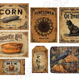 May include: A collection of vintage-style fall-themed signs and tags. The signs feature illustrations of corn, a sunflower, a black cat, a pumpkin pie, a caramel apple, a scarecrow, and a crow with pumpkins. The text includes "CORN", "SUNFLOWER SEEDS", "Cat Treats", and "GATHER".