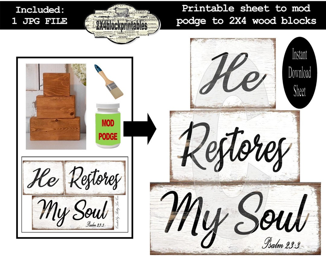 Scripture Blocks Printable Religious Wood Blocks - He Restores My Soul - Instant ...