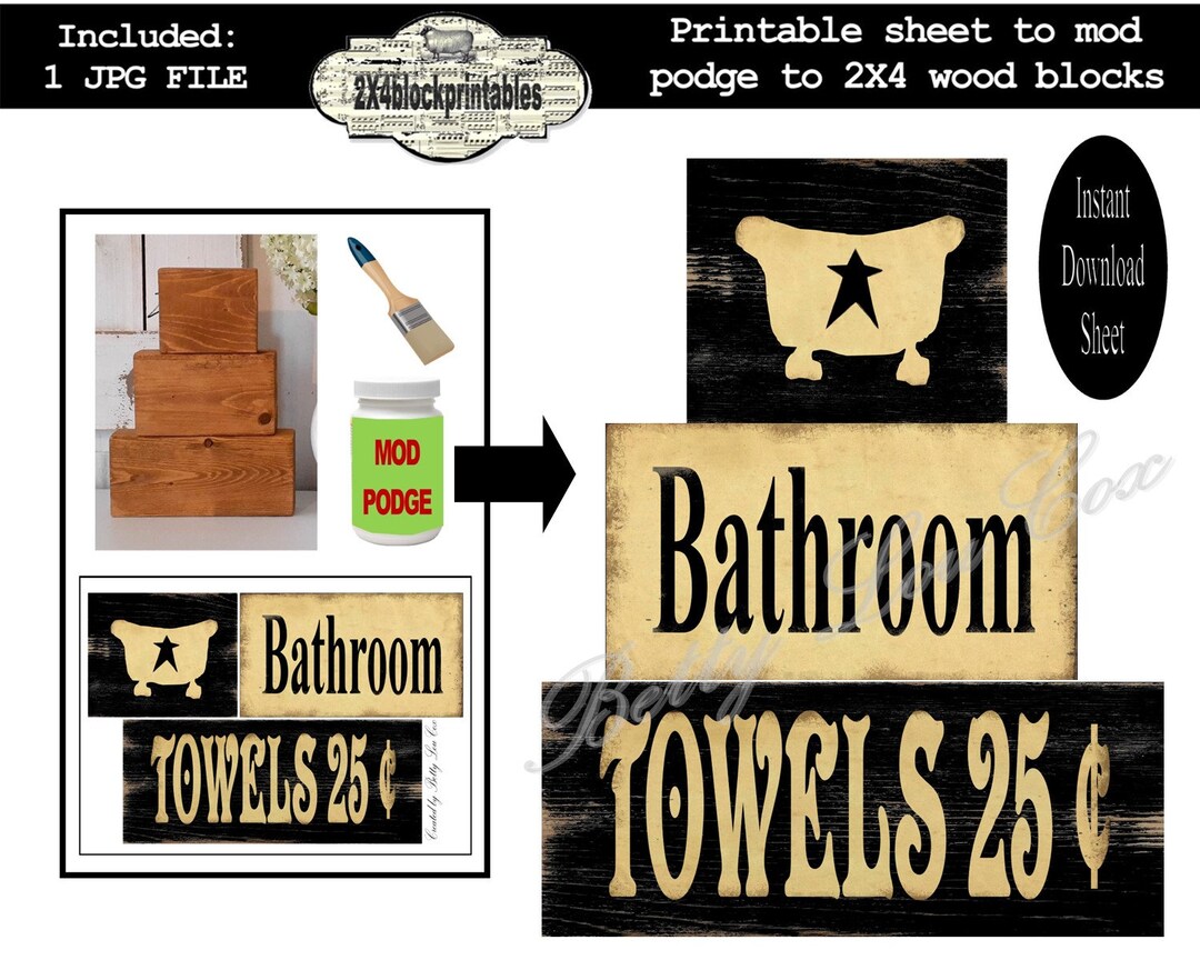 Bath Room Blocks , Printable 2X4 Crafts , Primitive , Rustic , Wood ...