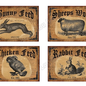 Puede incluir: Cuatro etiquetas de estilo vintage con ilustraciones de un conejo, una oveja, un pollo y un conejito. Cada etiqueta tiene un nombre de alimento para animales diferente, incluyendo "Bunny Feed", "Sheeps Wool", "Chicken Feed" y "Rabbit Feed". Las etiquetas tienen un fondo marrón con texto negro e ilustraciones.
