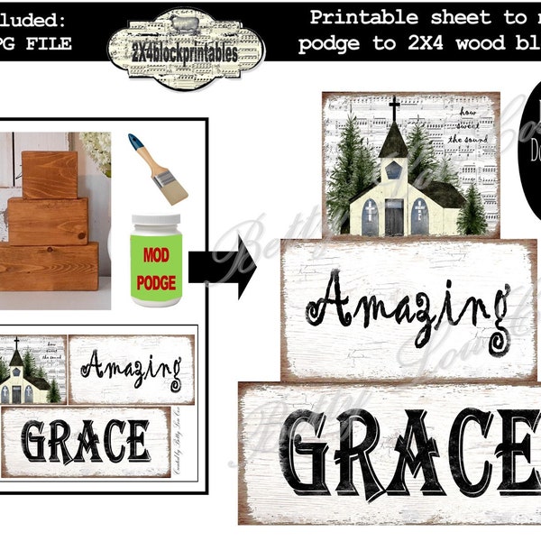 Amazing Grace digital download to decoupage to 2X4 wood blocks - church and music sheet image - vintage farmhouse home decor - very easy DIY