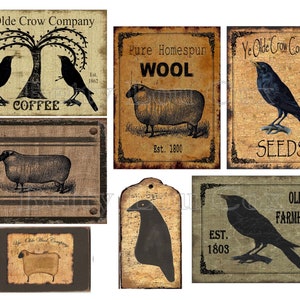 Primitive Labels , Sheep , Crow for pantry jars cans crocks bottles tins boxes , Farmhouse , Junk Journal , Card Making Tags , DIY gifts