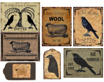 Primitive Labels , Sheep , Crow for pantry jars cans crocks bottles tins boxes , Farmhouse , Junk Journal , Card Making Tags , DIY gifts