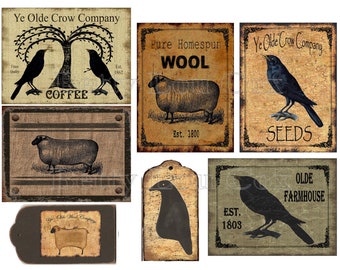 Primitive Labels , Sheep , Crow for pantry jars cans crocks bottles tins boxes , Farmhouse , Junk Journal , Card Making Tags , DIY gifts