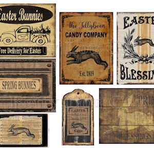 Puede incluir: Una colección de ocho letreros de estilo vintage con temas de Pascua. Los letreros presentan imágenes de conejos, un camión y texto como "Easter Bunnies", "Spring Bunnies", "The Jellybean Candy Company", "Easter Blessings" y "Prim Blessings".