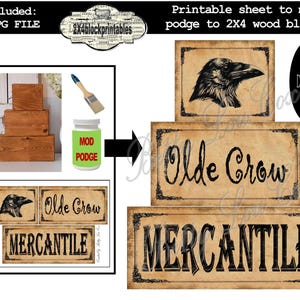 May include: A digital printable sheet featuring three rectangular labels with a vintage parchment background. The designs include a black crow illustration, the text Olde Crow, and the text MERCANTILE, all framed by ornate black borders.