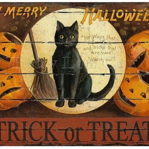 Puede incluir: Cartel vintage de Halloween con un gato negro, calabazas talladas y los textos "A Merry Halloween" y "Trick or Treat". La obra de arte presenta una luna llena y una escoba, con un aspecto rústico y envejecido. El cartel está sobre un fondo de madera.