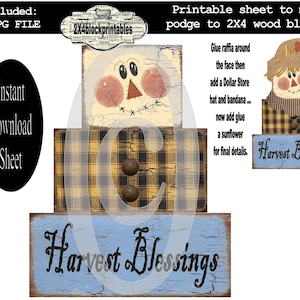 Scarecrow Wood Blocks Pattern , 2X4 Crafts , Instant Download , Printable template , Shelf Sitter , Halloween , Block , DIY , Primitve  Fall
