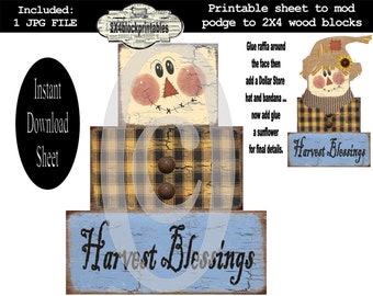 Vogelverschrikker houtblokken patroon, 2 x 4 ambachten, direct downloaden, afdrukbare sjabloon, plank sitter, Halloween, blok, DIY, primitve herfst
