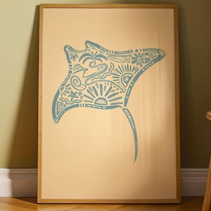 Manta Ray Poster – Boho Ocean Wall Art, Coastal Sea Life Print, Beach Home Decor, Tropical Marine Illustration, Ocean Lover Gift Idea