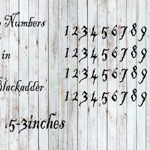 May include: A white wooden surface with black painted numbers 1 through 9 repeated four times. The text "40 Numbers in Blackadder 5-3inches" is written in black cursive script.