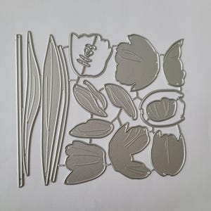 May include: A collection of silver-colored metal die cuts in various shapes, including leaves, petals, and a tulip flower. The die cuts are designed for crafting and paper projects. The shapes are detailed and intricate.
