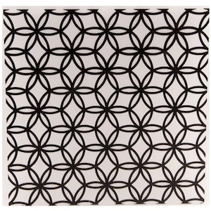 May include: A repeating pattern of black interlocking circles on a white background. The design creates a floral or geometric motif, covering the entire surface. The lines are thick and evenly spaced, forming a symmetrical arrangement.