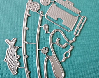 Fishing Pole & Accessories Metal Cutting Die Set Greeting Birthday Cards Scrapbooking Fish Tackle Animal Sports Sympathy Retirement Party