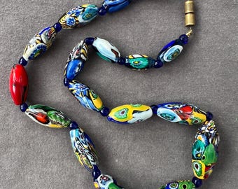 Antique Millefiori Glass Bead Necklace, Early 20th Century, 16 in