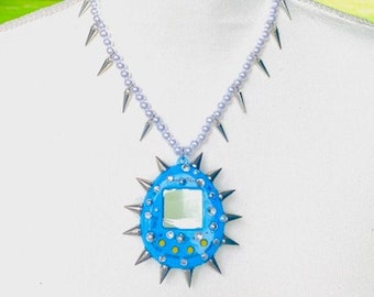 Blue Y2K Spike Pearl Tamagotchi Necklace Rave Accessories Blue Rave Jewelry Pearl Necklace Statement Jewelry 90s Nostalgia Y2k Aesthetic