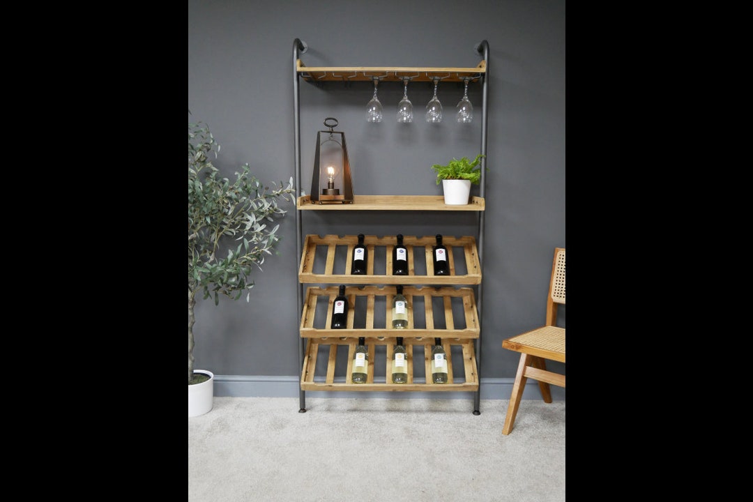 Rustic Wood & Metal Floor to Wall Wine Rack / Drinks Etsy UK