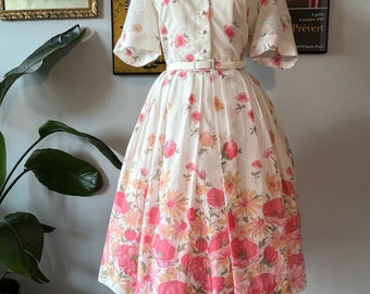 1960s Floral Belted L’Aiglon Fit and Flare Dress