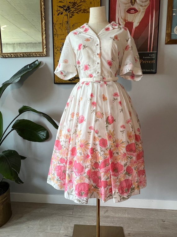 1960s Floral Belted L’Aiglon Fit and Flare Dress - image 1