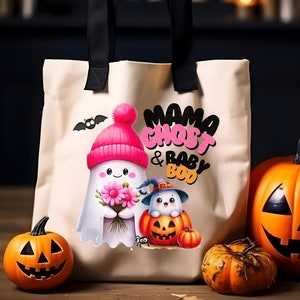 Halloween Mama Ghost & Baby Boo Tote Bag Kids Trick-or-Treating Tote Halloween Party Bag Halloween Gift for Grandkids Halloween Grocery Tote