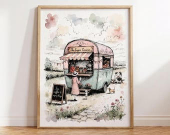 Vintage Tea Caravan Watercolor Print | Whimsical Cottagecore Kitchen Decor (Printable)