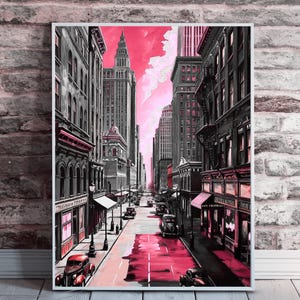 Vintage Pink City Street - Printable Wall Art - Glamorous Retro Cityscape Poster, Black & Pink Home Decor, Digital Download, Office Print