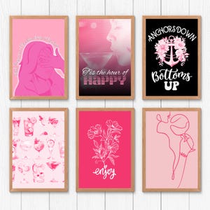 Heldere en leuke keukenmuurkunstset, 6 digitale barwagenafdrukken om direct te downloaden! Roze esthetische kunst, levendige aquarelafdrukposters