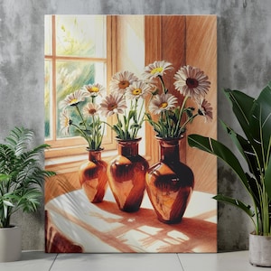 Arte de pared imprimible con margaritas: Impresión rústica para ventana - Arte de cocina acogedor con un toque rústico, póster digital descargable, decoración de jarrón de cobre cálido, impresión artística