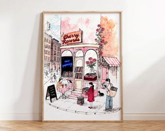 Vintage Vinyl Shop Watercolor Print | Pink Coquette Dorm Wall Art (Digital Download)