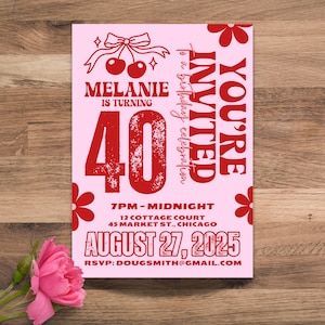 May include: Pink and red birthday party invitation with the text "You're Invited" and "Melanie is turning 40". The invitation includes the date and time of the party, the address, and an RSVP email address.