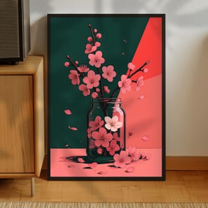 Bold & Bunt - Kirschblüten Glas Wand Kunst druckbare Kirschblüte Poster Rosa Blüte und Waldgrün Lachsfarben Wohndekor Drucke
