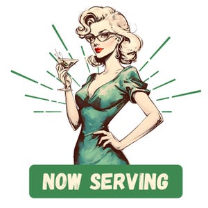 Retro Diva mit Martini - "Jetzt Serving" 12 PNGs und 12 JPGs, herunterladbare digitale Dateien, Sexy Vintage Frau, die es serviert!" Sofort-Downloads
