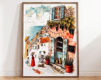 Italian Coast Wine Bar Watercolor Print | Warm Mediterranean Dining Room Decor (Digital Download)