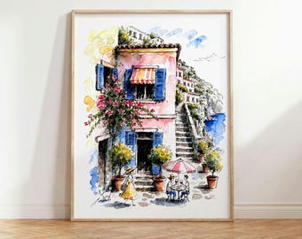 Amalfi Coast Watercolor Wall Art Print | Whimsical Italian Kitchen Decor (Printable)