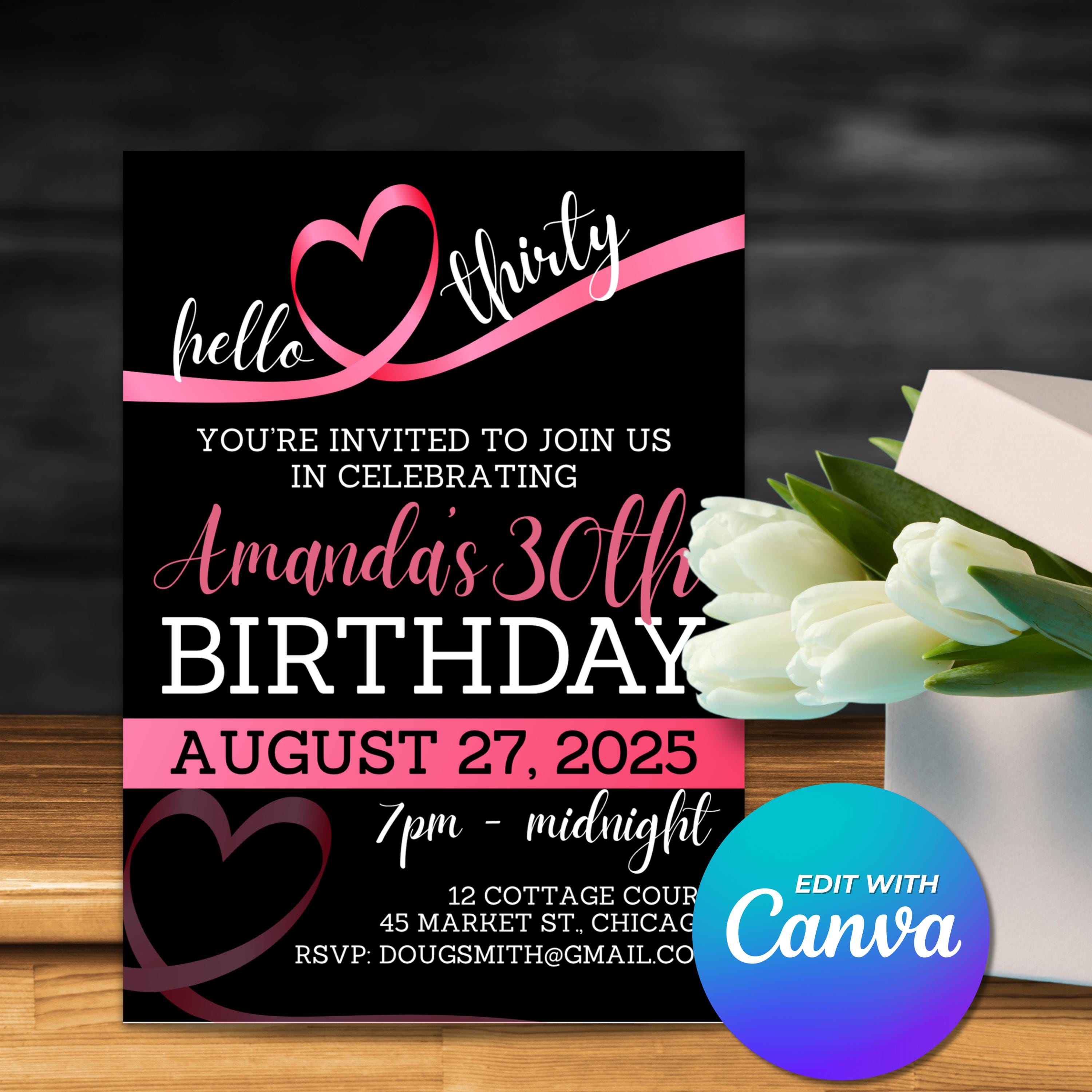 Utcom Invite Editable 30th Birthday Invitation Template: Black & Pink Canva Party ...