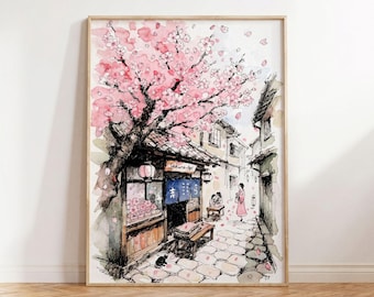 Japanese Cherry Blossom Shop Print | Soft Sakura Cottagecore Wall Art (Digital Download)