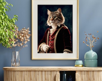 Vintage Royal Cat Portrait: Elegant Feline Art (Digital Download)