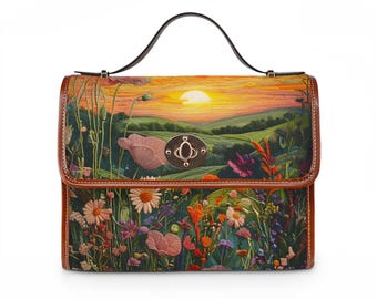 Sunset Wildflower Landscape Waterproof Canvas Bag | Floral Sunset Handbag