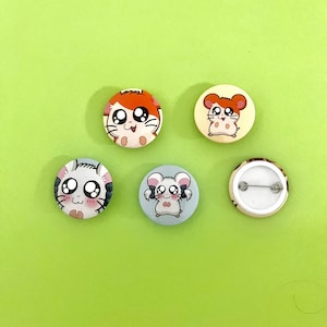 Hamtaro Button Pins Button Pin 1.5&quot; || 3cm Hamtaro Bijou Hamsters Hamster Ham Ham 2000 Cartoons Anime Cute Chibi Gift Idea