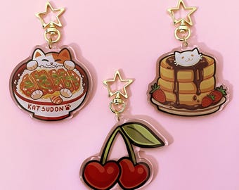 Katsudon Katze Pfannkuchen Kirsche 2.5" || 6 cm Original Acryl Schlüsselanhänger Original Acryl Charm Geschenk Ideen Kawaii niedlich japanisches Essen entzückend