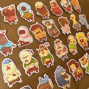 May include: A collection of colourful cartoon character stickers featuring various designs, including a cowboy, a scuba diver, a chef, and a pirate. The stickers are perfect for adding a touch of whimsy to any project.