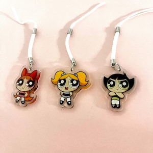 Powerpuff Girls Phone Keychain Acrylic Keychain Acrylic Charm 1.5&quot; || 3cm Blossom Bubbles Buttercup Magical Girls Anime Cute Chibi Gift Idea