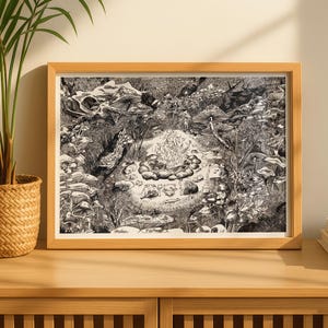 Frogs Around a Campfire - Print/Original Wall Art/Office Decor/Room Art/Black & White/Nature Scene/Frog/Mushroom Illustration