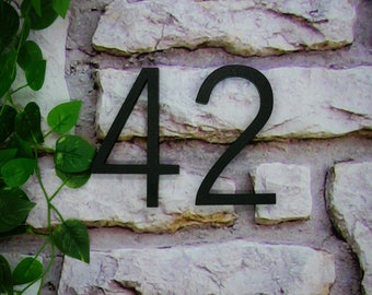 May include: Black metal house numbers 42 attached to a stone wall with green ivy growing on the left side.