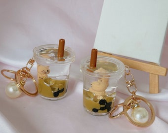 Boba Tea Sleutelhanger Beer Koffie Vloeibare Sleutelhanger, vloeibare Sleutelhanger, Kawaii Sleutelhanger, Bubble Tea Sleutelhanger Melkthee Sleutelhanger Beer sleutelhanger parel