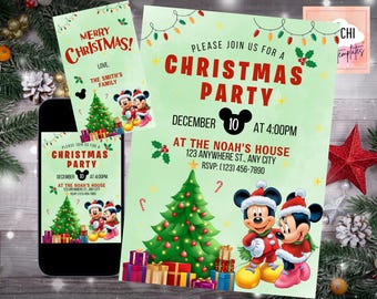 May include: A green Christmas party invitation with a cartoon image of Mickey Mouse and Minnie Mouse in Santa hats. The invitation includes the text "Please join us for a Christmas Party" and details about the party, including the date, time, and location.
