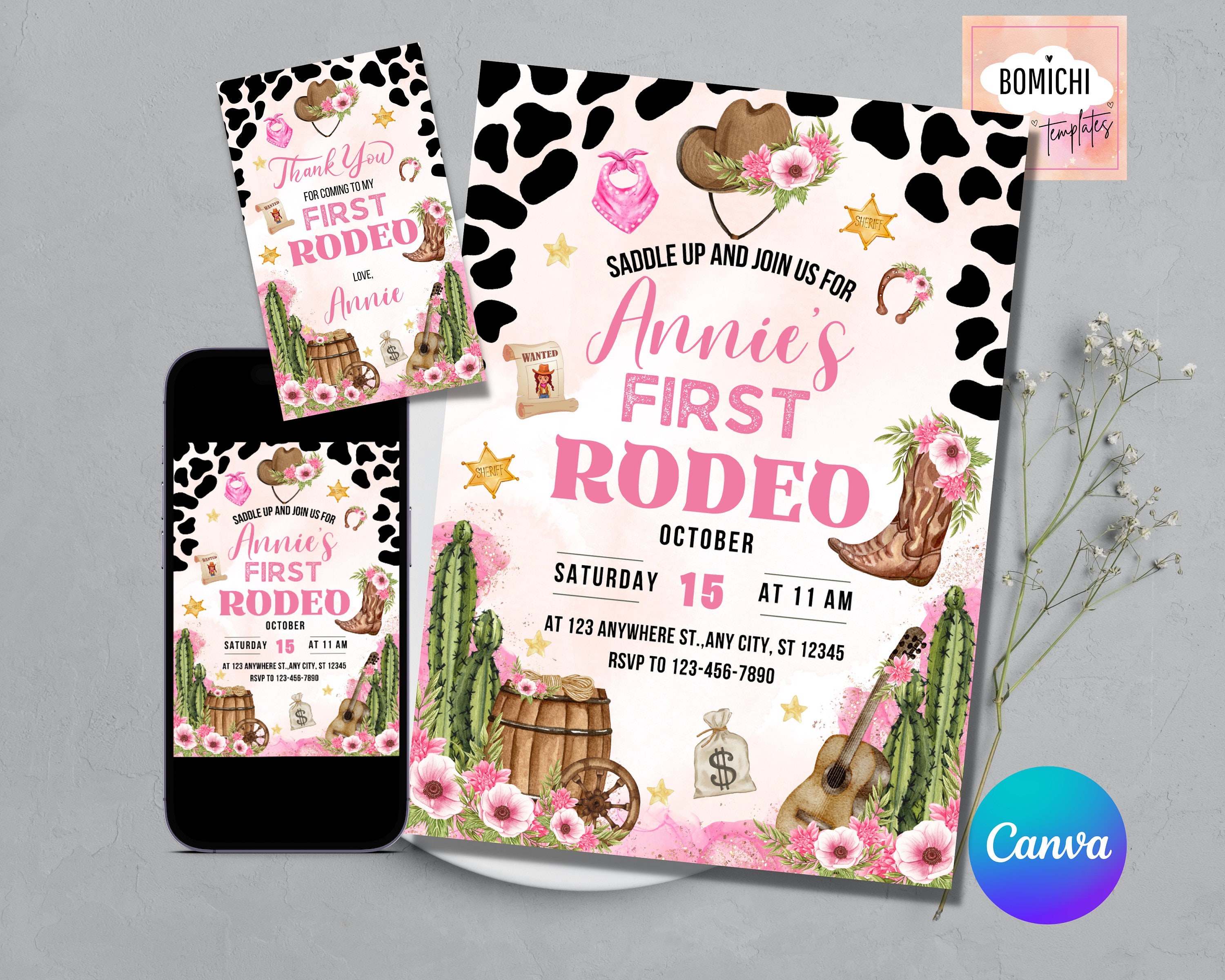 FIRST RODEO Invitation Template, Cowgirl Birthday Invitation, Editable My 1st Rodeo Invite, Wild West Birthday Invite, FREE Thank You Tag