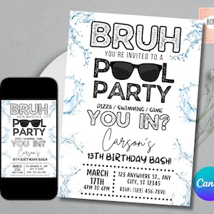 Bruh Birthday Invitation, Bruh Pool Party Birthday Invitation, Bruh It&#39;s My Birthday Invite, Boy Summer Swim Party Invite